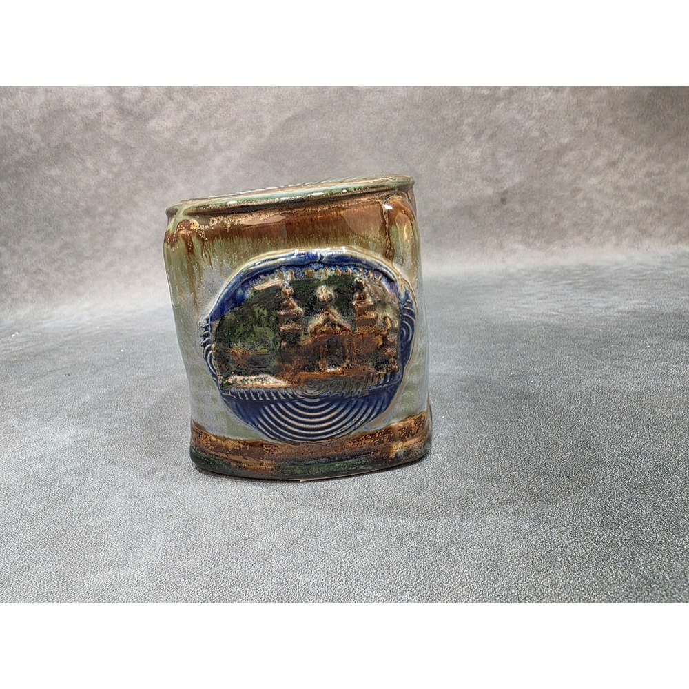 Studio Pottery Relief Medallion Ceramic Vessel Blue Brown Drip Glaze Art Piece